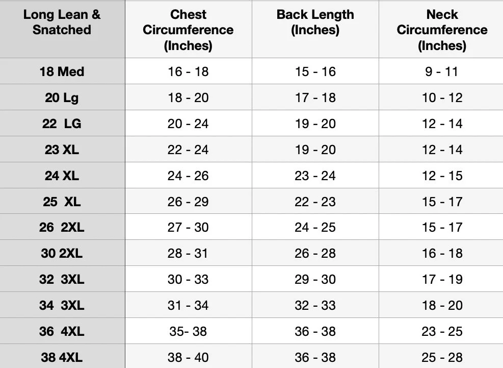 Size chart with measurements for long, chest, back length, and neck circumference in inches, ranging from medium to 4XL.