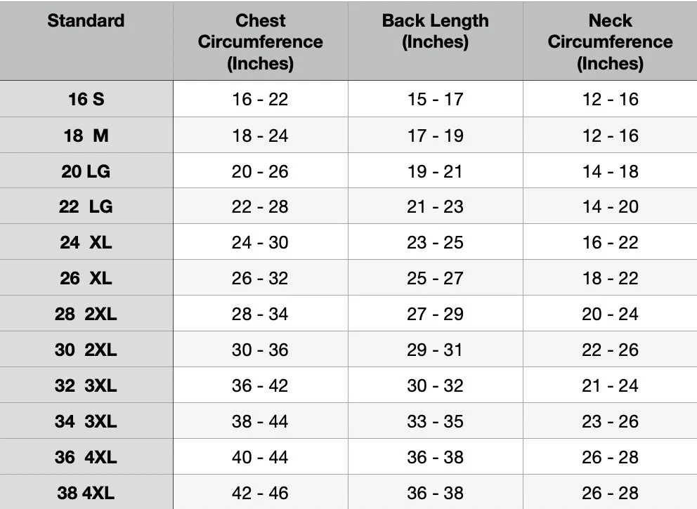 Size chart displaying measurements for chest circumference, back length, and neck circumference in inches for various standard sizes from 16 S to 38 4XL.