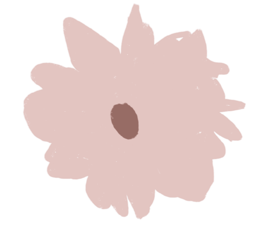 Illustration of a pink flower with a brown center on a black background.