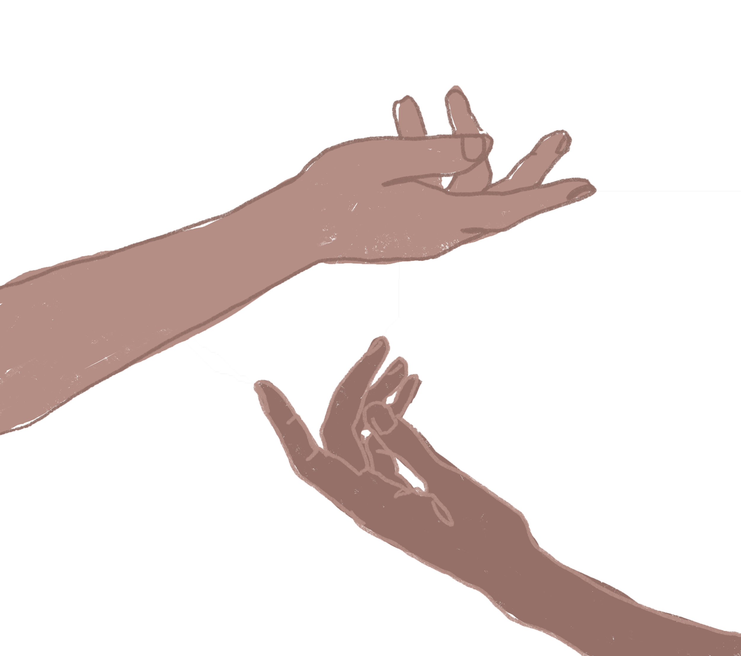 Illustration of two hands connected by thread, symbolizing a bond or relationship.