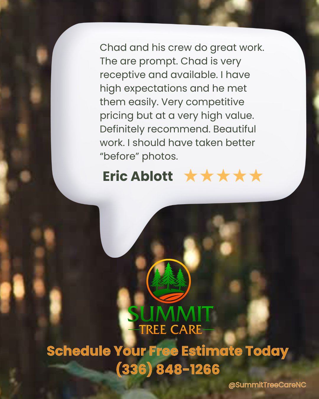 Client Spotlight 🌟
We’re always honored when our customers take the time to share their experience! Thank you, Eric, for the kind words and for trusting Chad and the Summit Tree Care crew with your property.
✅ Prompt & Professional
✅ Hig