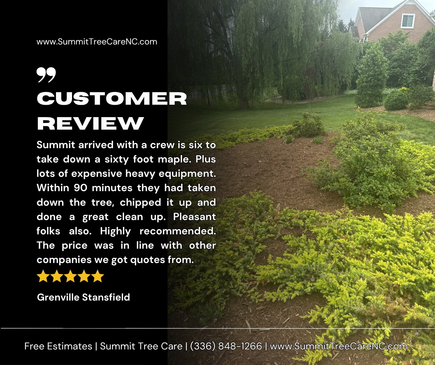 We recently had the privilege of removing a massive 60-foot maple for a homeowner — and here’s what they had to say:
“Summit arrived with a crew of six to take down a sixty-foot maple. Plus lots of expensive heavy equipment. Within