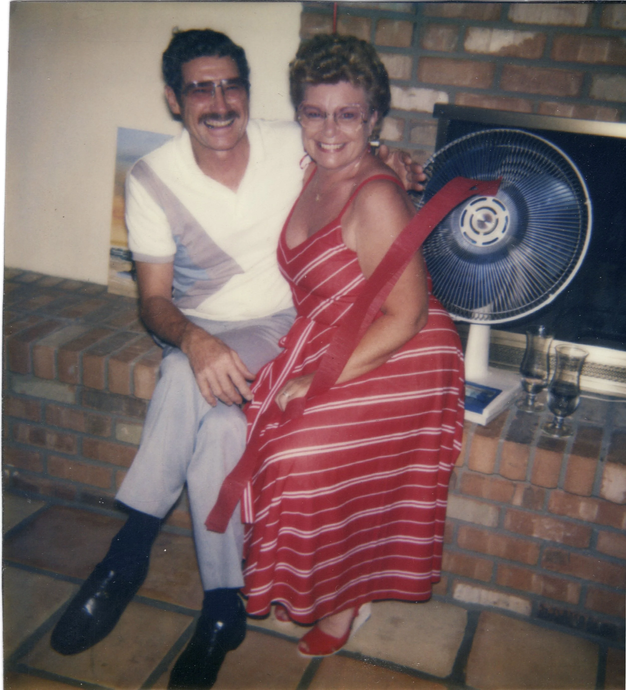 A man and woman sitting close together on a brick hearth, smiling. The man is wearing glasses, a white t-shirt with colored stripes, light pants, and black shoes. The woman is in a red and white striped dress and red shoes. A large electric fan and a television are in the background, with some picture frames and glasses nearby.