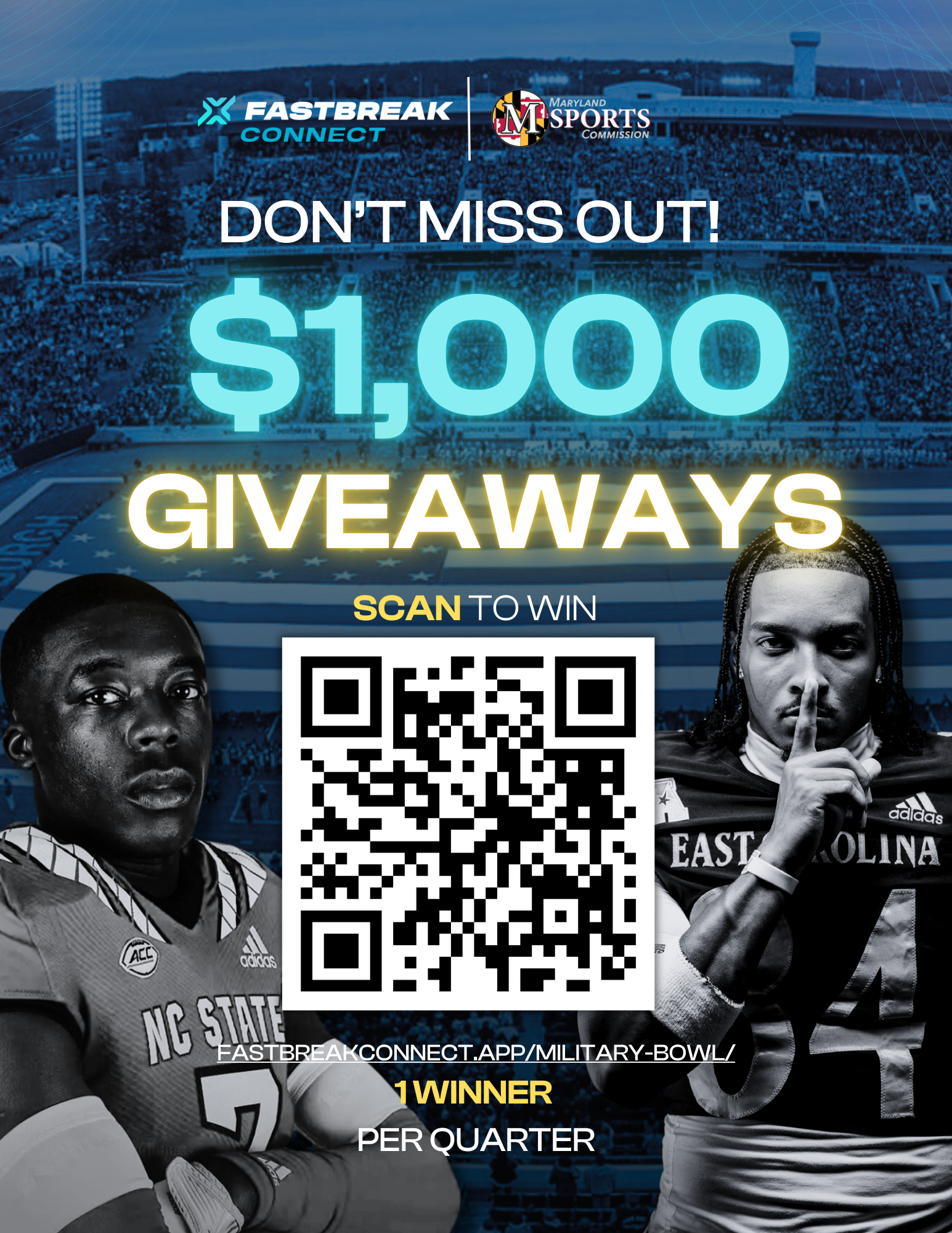 Military Bowl – Digital Flyer
For the Military Bowl, I designed a digital flyer aimed at catching visitors’ attention and encouraging participation in a giveaway. The flyer was distributed digitally to attendees, combining eye-catching visuals with c