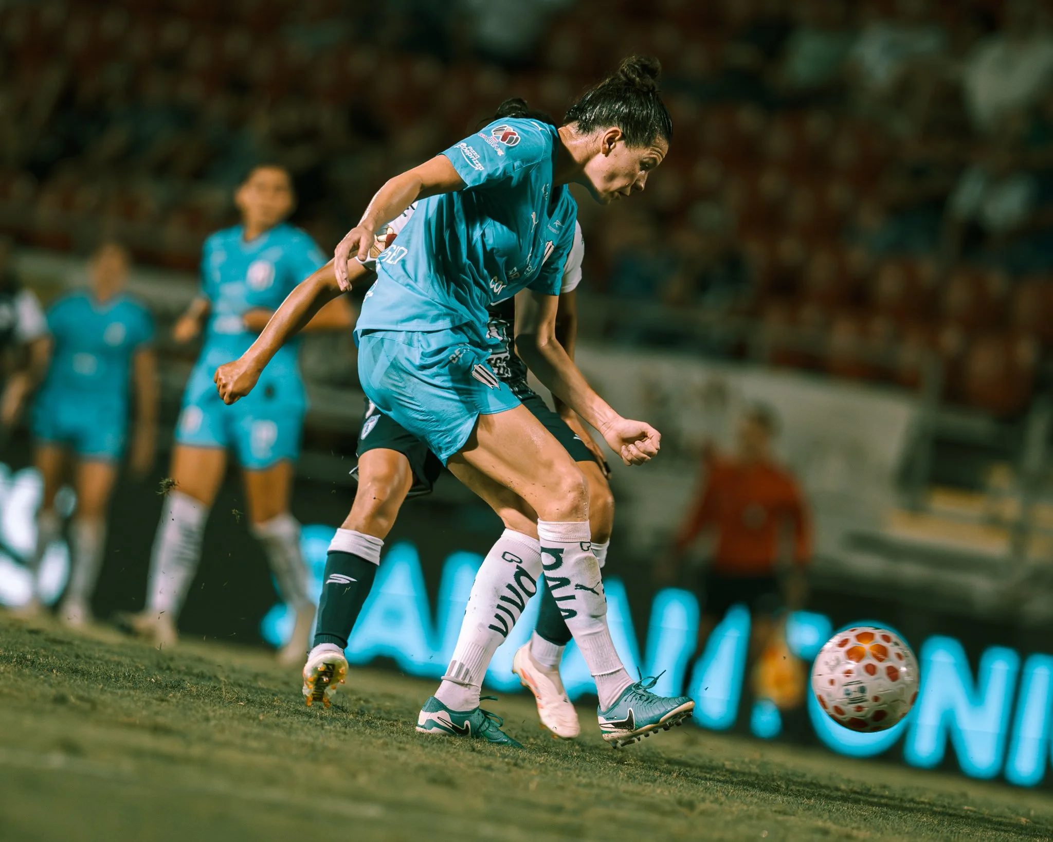 Rayadas - Mexico, Monterrey - Merel van Dongen, female soccer player kicking a soccer ball during a match (Campeon de Campeonas in San Antonio, Texas)