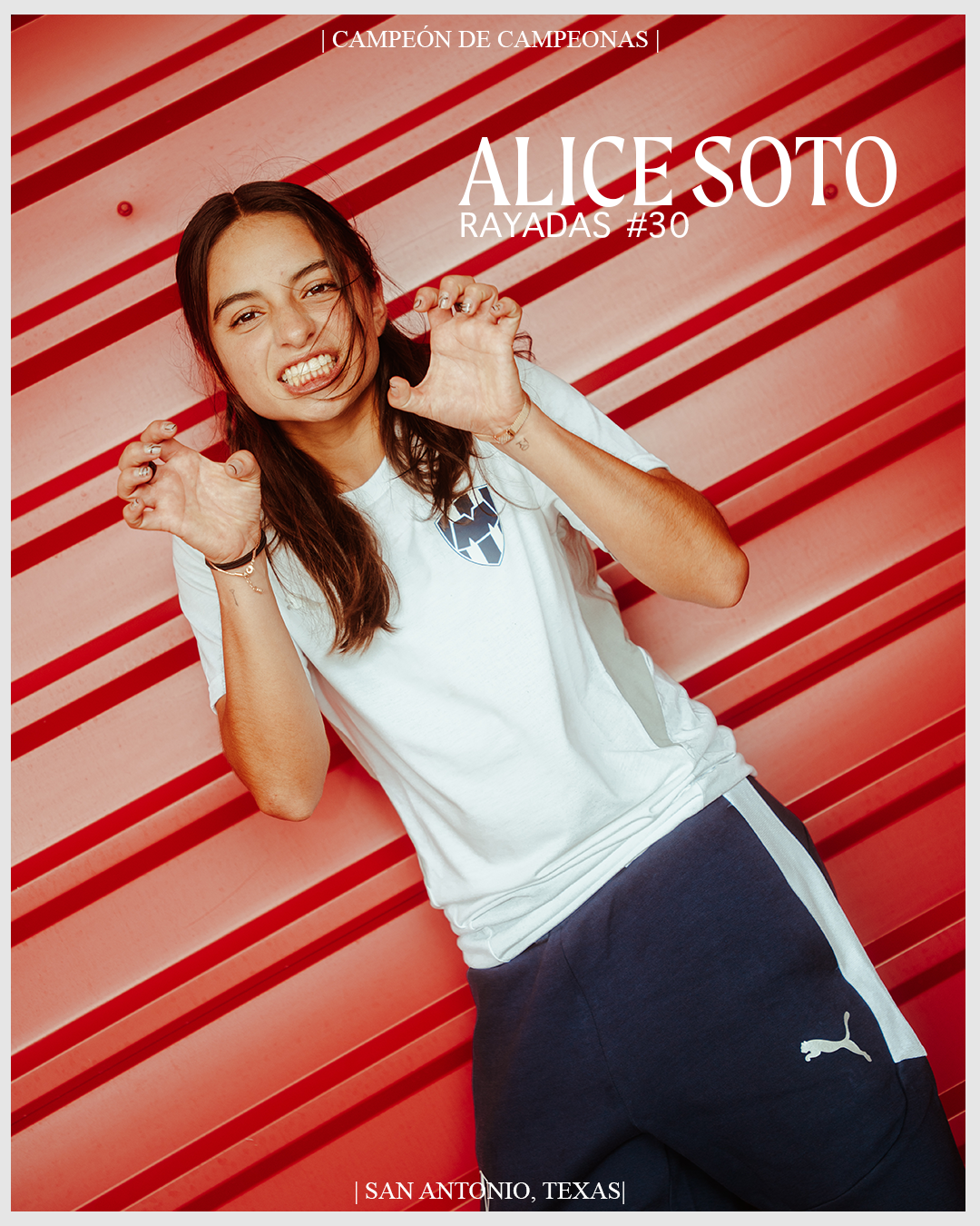 Young woman in a Montevideo sports jersey making a playful claw gesture in front of a red striped background, with text indicating she is the Rayadas #30 champion from San Antonio, Texas.
