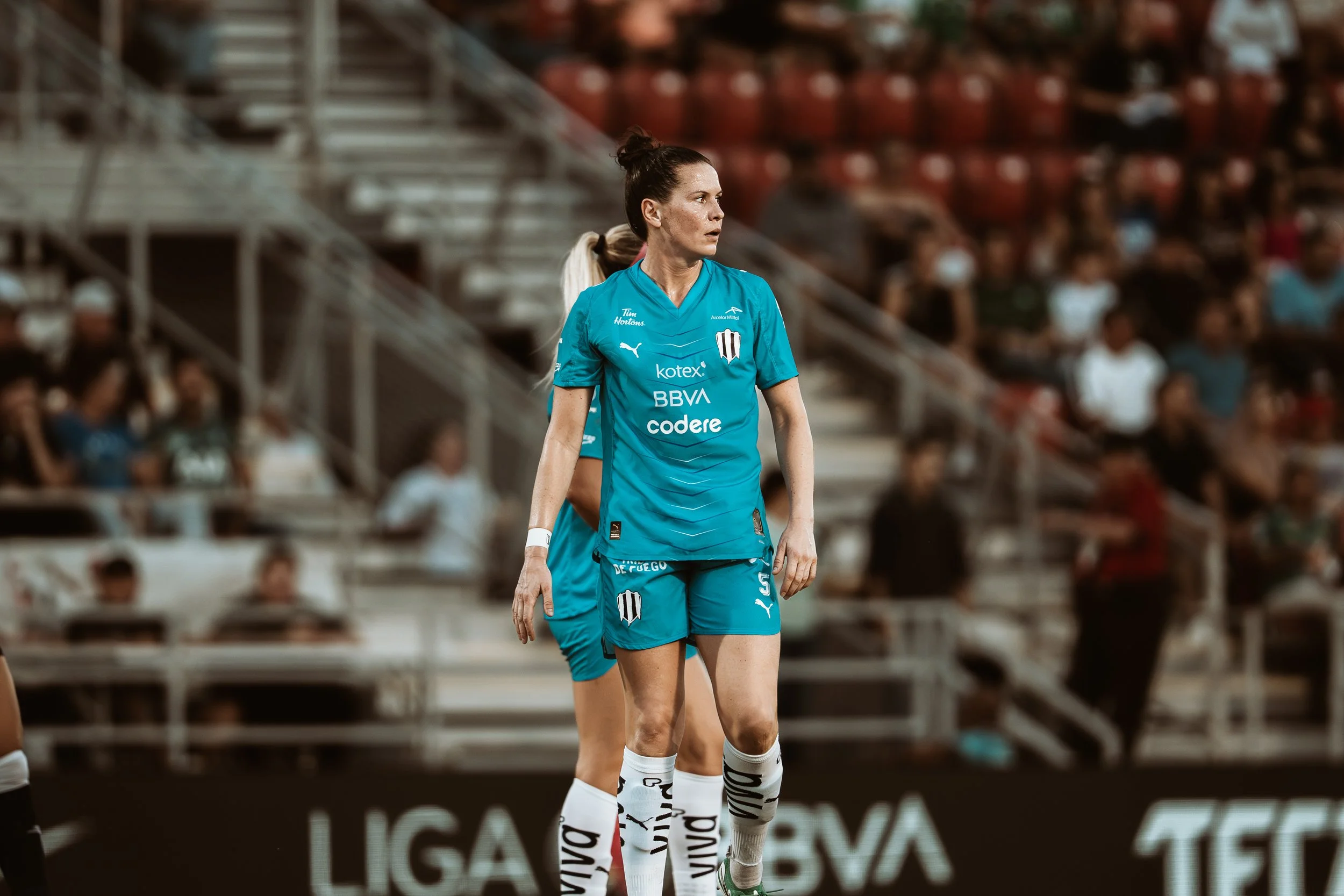 Rayadas - Mexico, Monterrey - Merel van Dongen, female soccer player kicking a soccer ball during a match (Campeon de Campeonas in San Antonio, Texas)