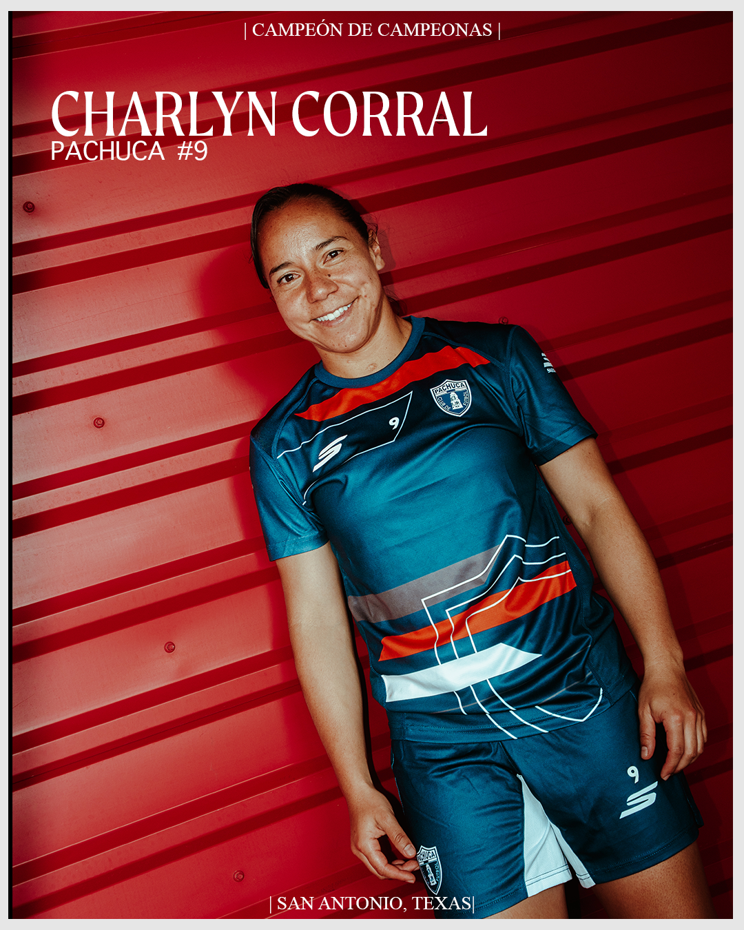 Portrait of a female athlete in a blue and red sports uniform with a team logo, standing in front of a red wall, smiling, with text indicating she is Charlyn Corral, the champion from Pachuca, at San Antonio, Texas.