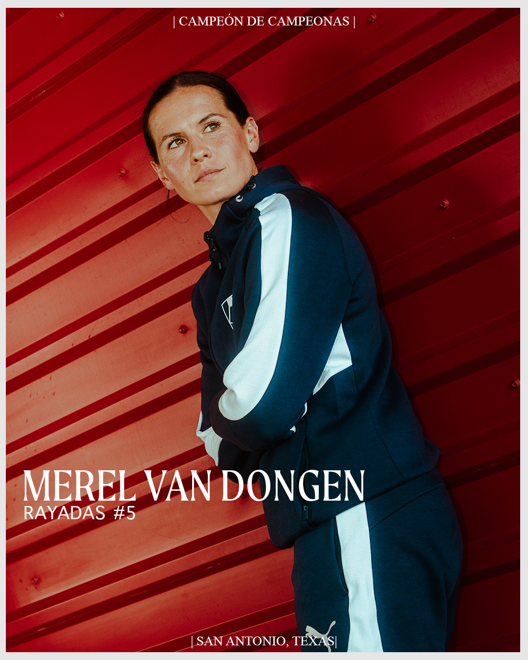 Portrait of Merel Van Dongen in a navy and white athletic tracksuit standing against a red, ribbed metal wall, with text indicating she is a champion from San Antonio, Texas.