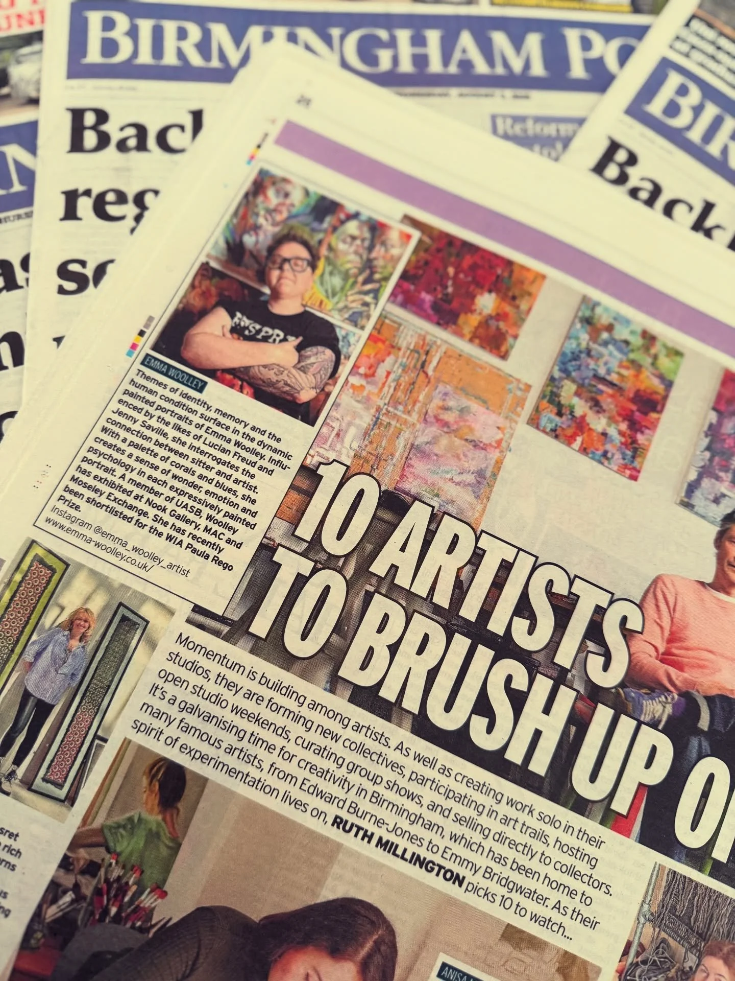 A newspaper page featuring an art event with multiple images of artists and artworks, including a woman with glasses and tattoos, and an art gallery with paintings. Text announces an exhibition of ten artists in Birmingham.