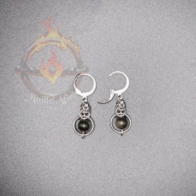 Maille'Afire Stainless Steel Golden Obsidian Byzantine Chainmaille Earrings