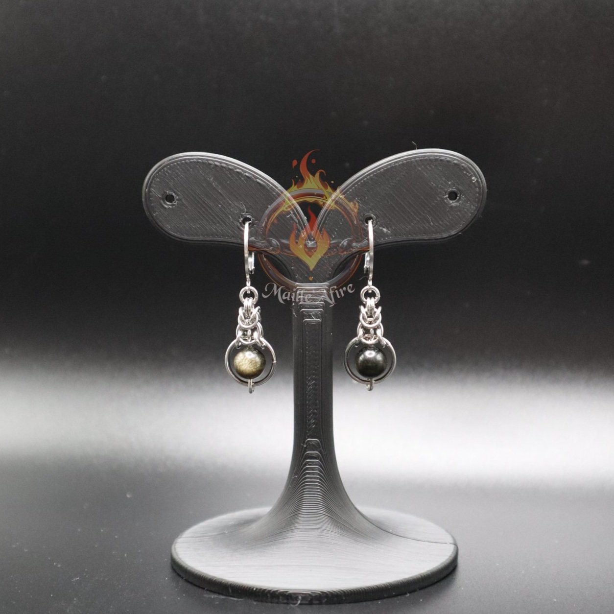 Maille'Afire Stainless Steel Golden Obsidian Byzantine Chainmaille Earrings