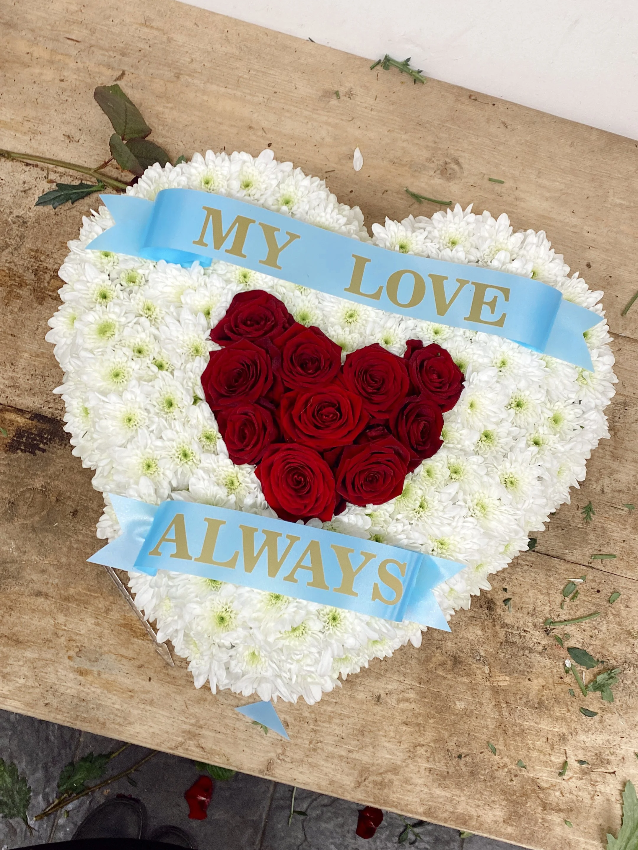 'My Love Always ' 15 Inch Heart With Chrysanths & Red Roses
