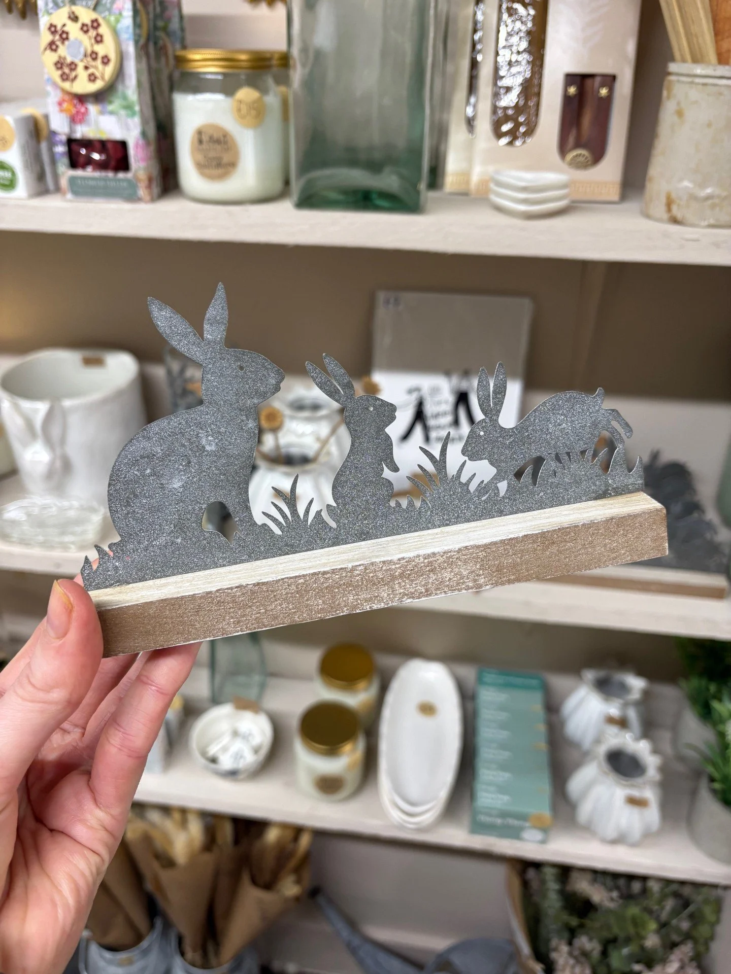 Metal Bunnies On Wooden Base Decor