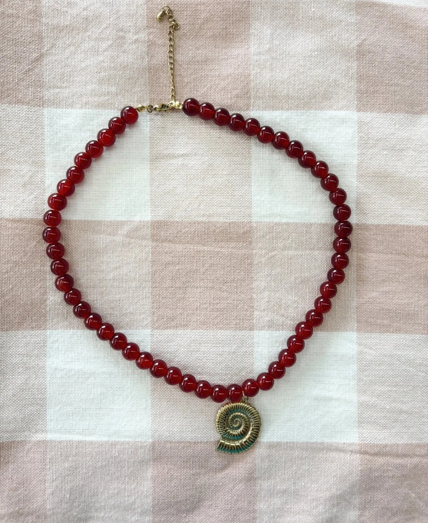 Red Glass Beaded Necklace With Shell Charm