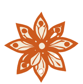 Stylized orange and white floral design with eight petals and intricate cutout patterns.