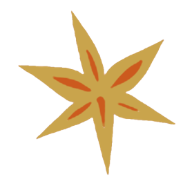 A stylized, artistic representation of a star-shaped leaf with five pointed sections in shades of gold and brown.