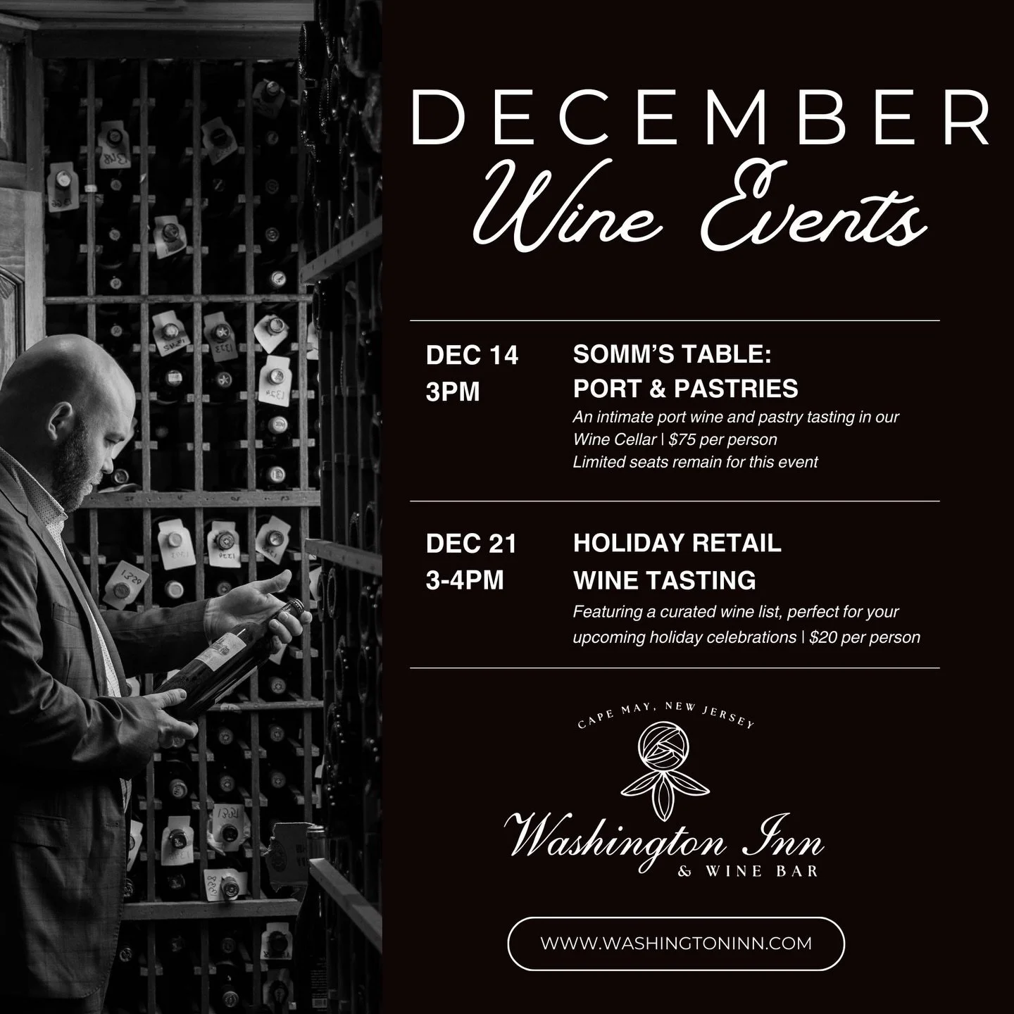 Wrap up the year with two special wine experiences at The Washington Inn. This Sunday at 3PM, we invite you to join us for our Somm&rsquo;s Table Port and Pastries, an intimate guided tasting in our Wine Cellar pairing rich ports with thoughtfully se