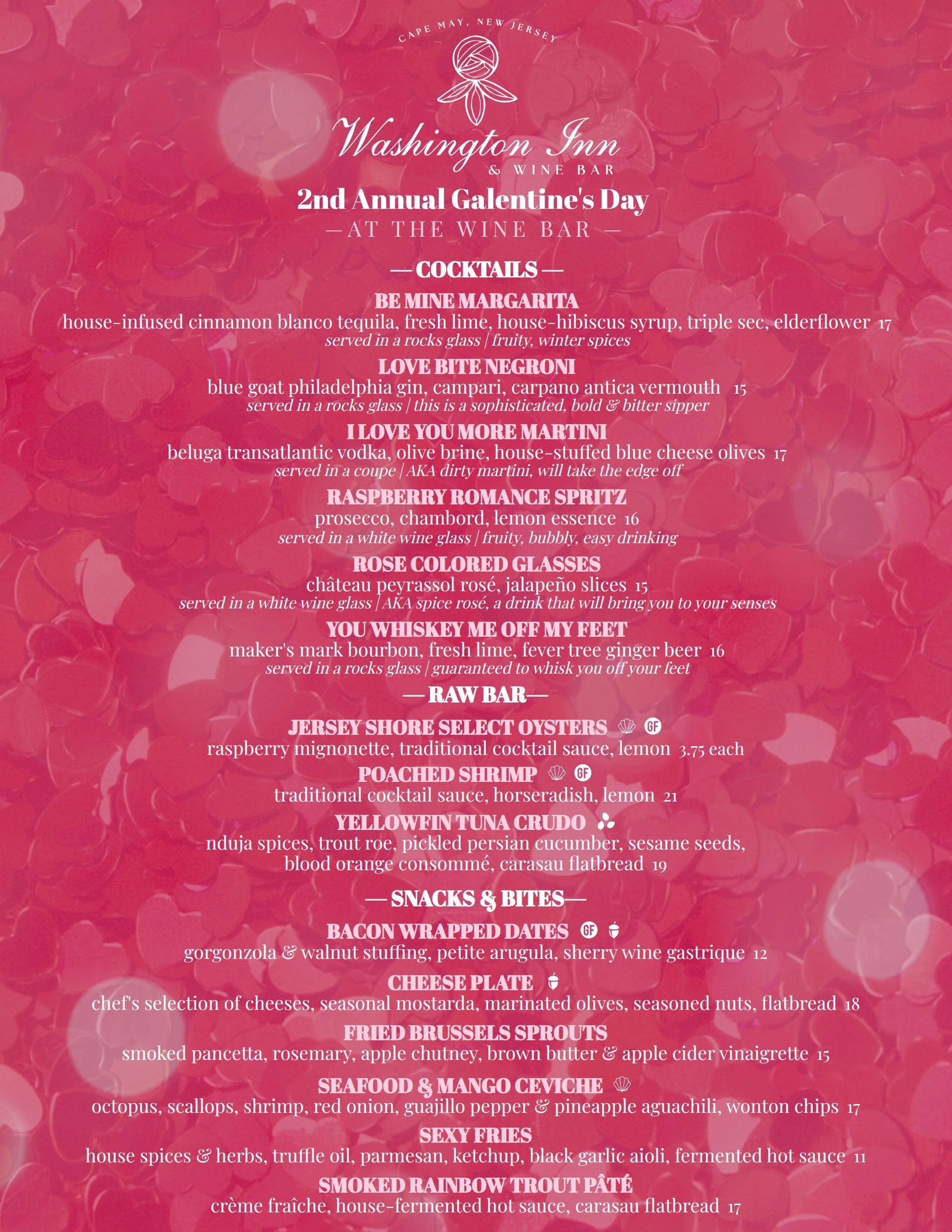 A special menu for the Washington Inn's Galentine's event showcasing specialty cocktails and a small food menu.