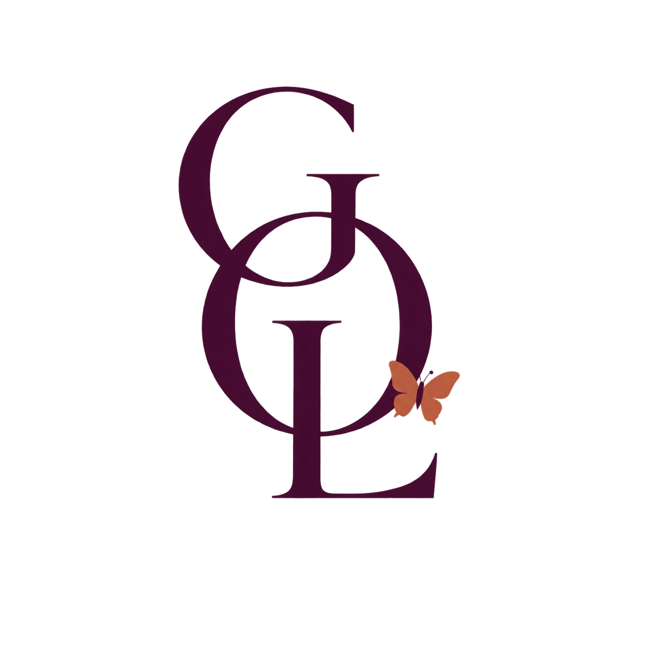 Decorative design with intertwined purple letters G and L, a small peach-colored butterfly with orange accents on the right side.