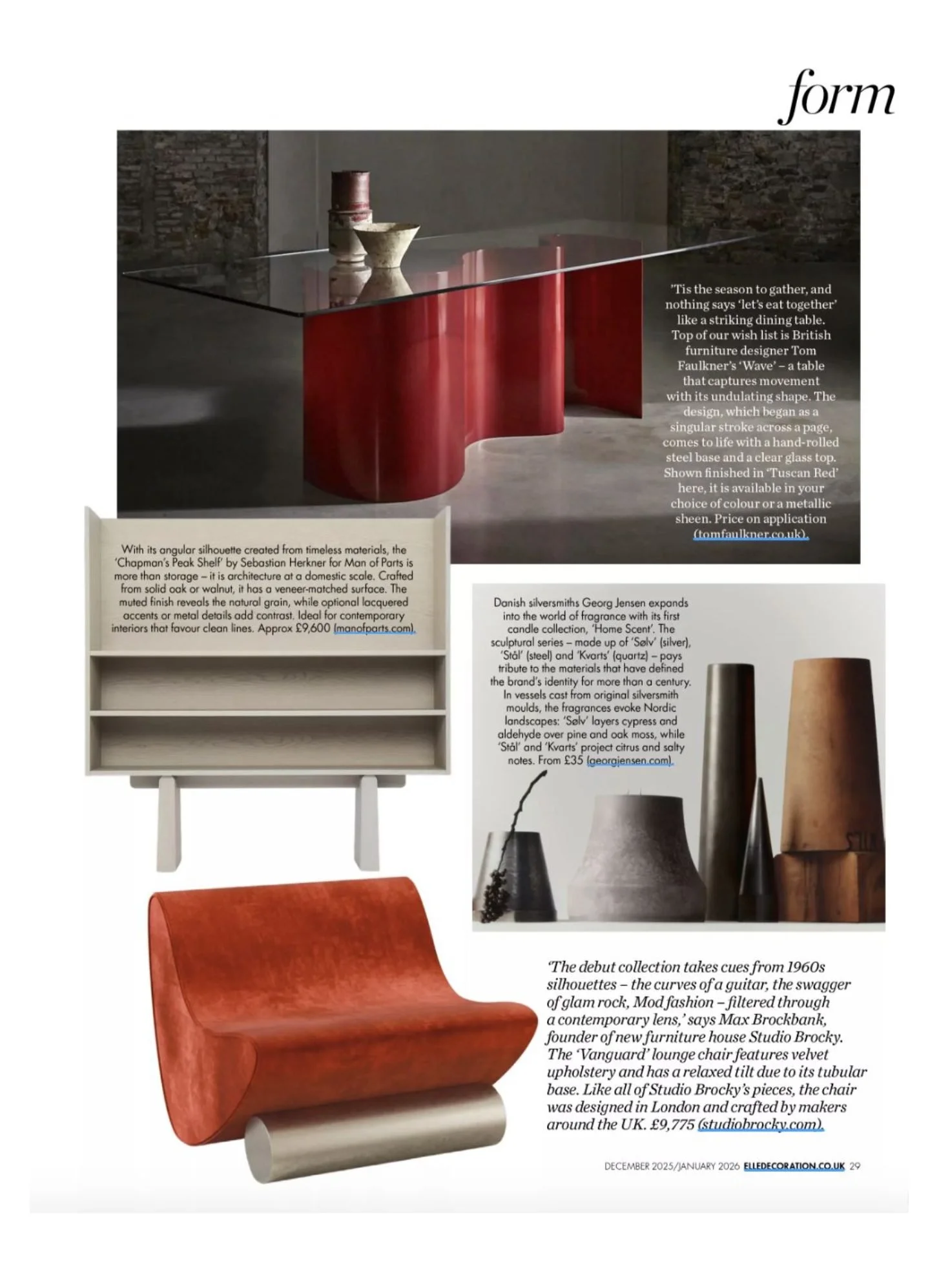 ELLE Decoration page featuring the Studio Brocky Vanguard lounge chair in red velvet alongside new furniture, glassware and homeware.