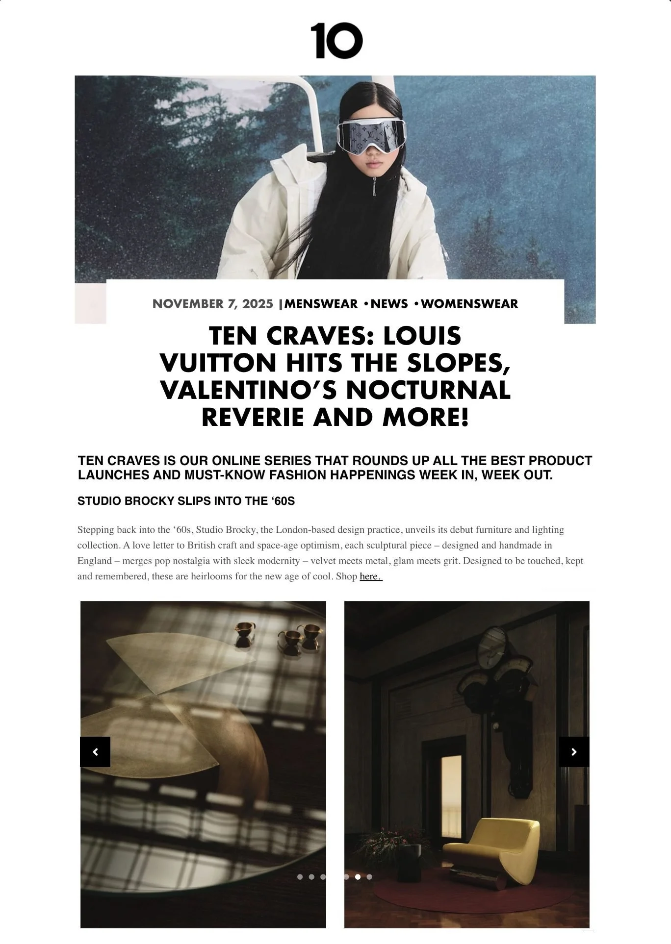 10 Magazine Ten Craves feature on Studio Brocky's debut collection, with the Axis coffee table and a yellow mohair Vanguard lounge chair.