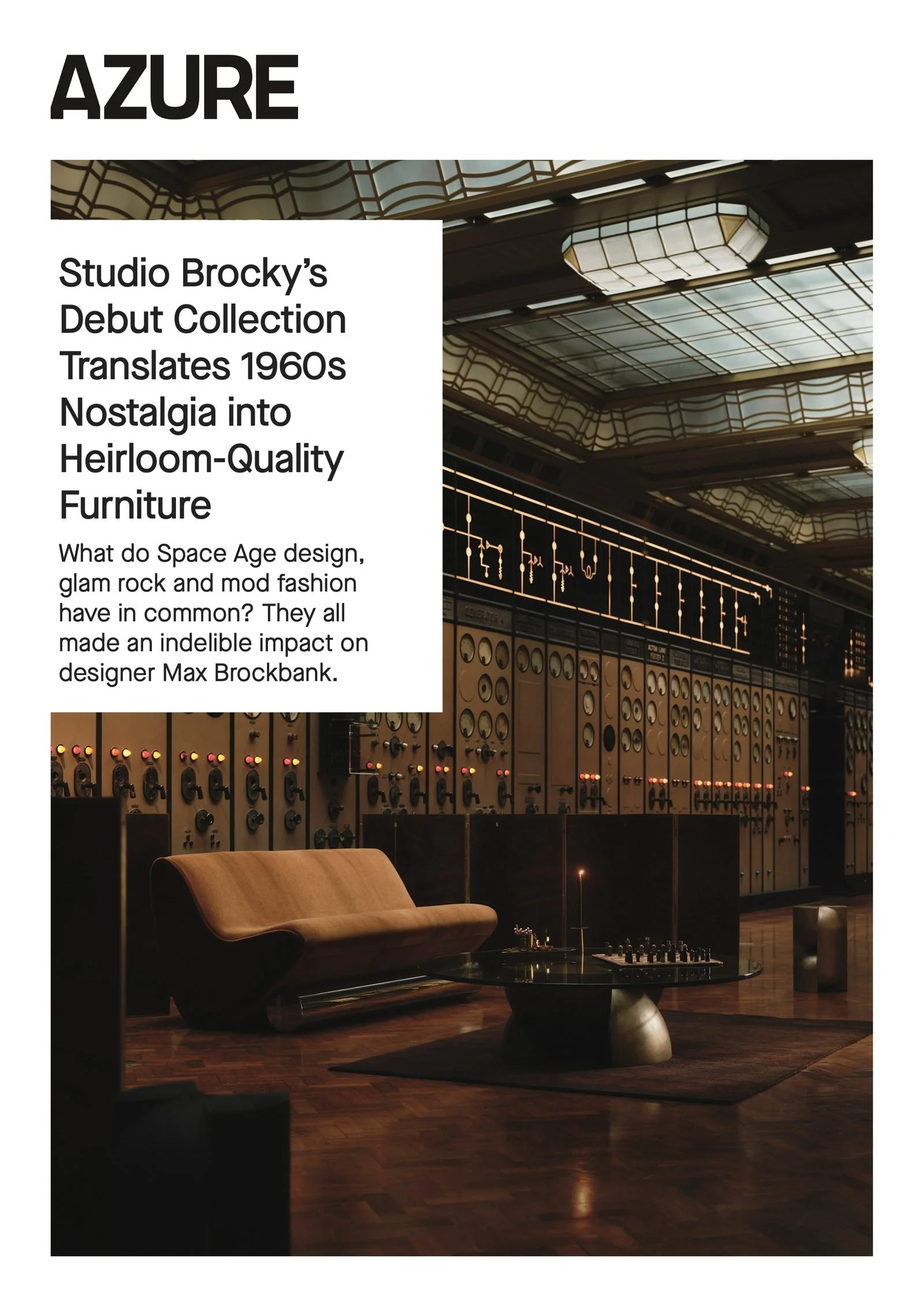 Azure magazine feature on Studio Brocky's debut collection, showing the Vanguard sofa and Axis coffee table in Control Room A at Battersea Power Station.