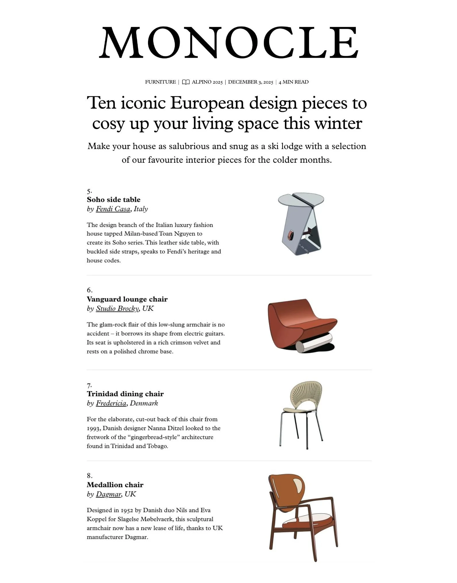 Monocle feature on ten iconic European design pieces, including the Studio Brocky Vanguard lounge chair in crimson velvet on a polished chrome base.