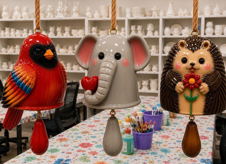 3 Bells PINCH POTS - Whimsical Animal Ceramic Wind Chimes
