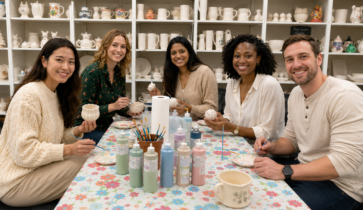Group of five diverse adults smiling and painting pottery ceramic ornaments at a decorated table in a ceramics studio.