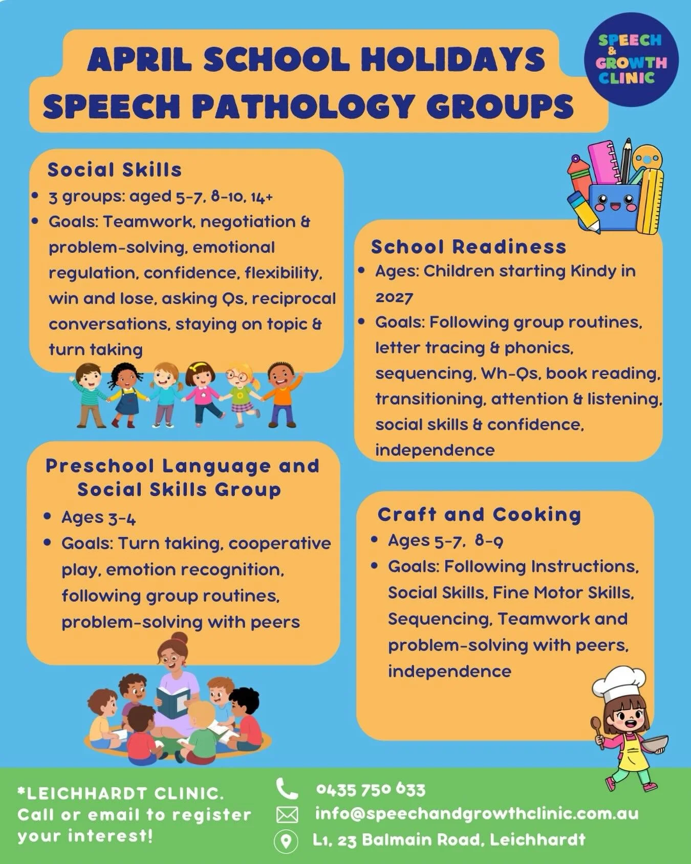 APRIL SCHOOL HOLIDAY SPEECH PATHOLOGY GROUPS &ndash; LEICHHARDT CLINIC

Our school holiday groups are back this April! 🎉
These small-group sessions are a fun and supportive way for children to build communication, social interaction, and confidence 