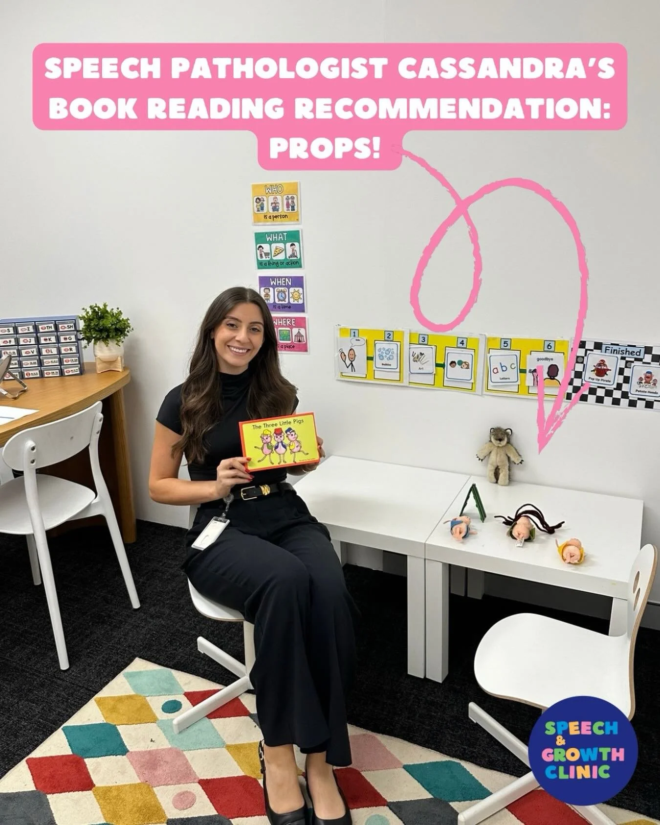 Speech Pathologist Cassandra&rsquo;s Book Reading Recommendation: PROPS 📖🐷🐺

Bringing books to life doesn&rsquo;t have to be complicated. Find any animals or toys lying around the house that match the story and act it out as you read. Using simple