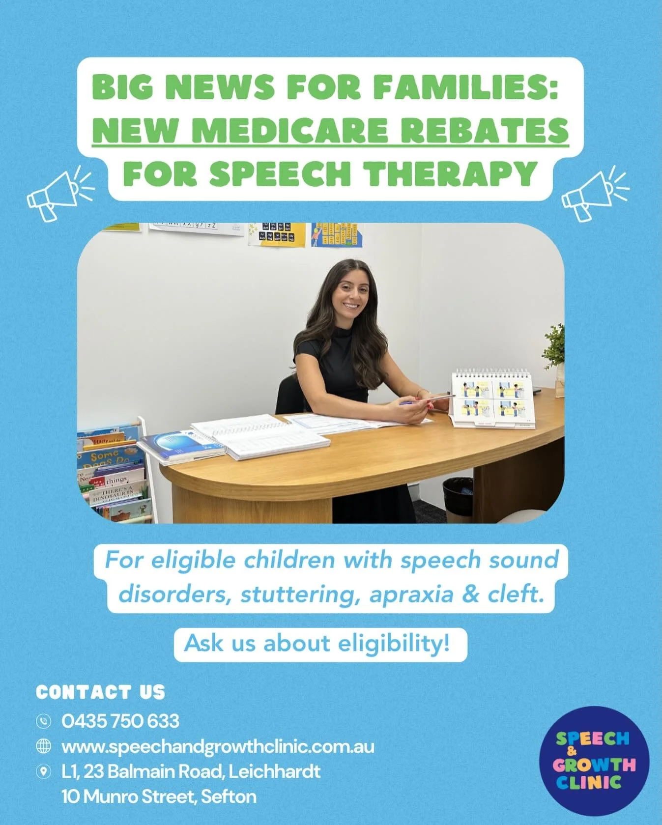 Great news for families! 📢

From the 1st of March, new Medicare rebates are available for eligible children with Speech Sound Disorder, Stuttering, or Cleft Palate.

If your child is eligible, this means:
&bull; Up to 8 speech pathology assessment s