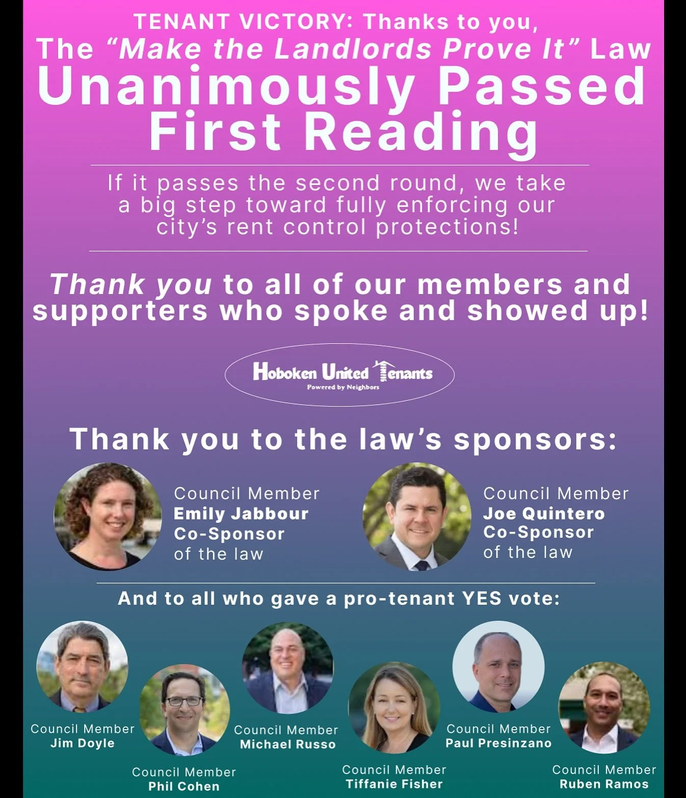 Good work, all.  We showed up and secured a unanimous vote for first reading.  This is a big step toward actually seriously enforcing our rent control laws and limiting rent increases.

Now this law will go to second reading in the next city council 