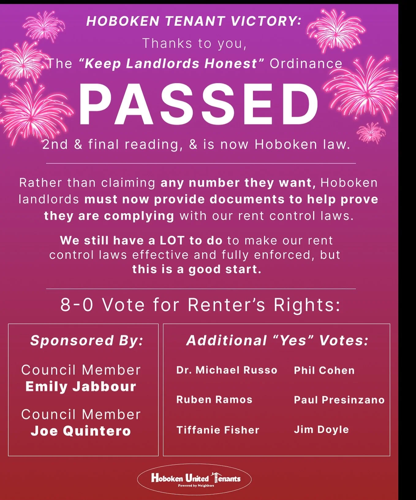 We did it!  This law, written and sponsored by council members @emily4hoboken and @joeq4hoboken , passed 2nd reading tonight in another unanimous vote.

As we said all along, it&rsquo;s common sense:  Hoboken supports our rent control laws, but they 