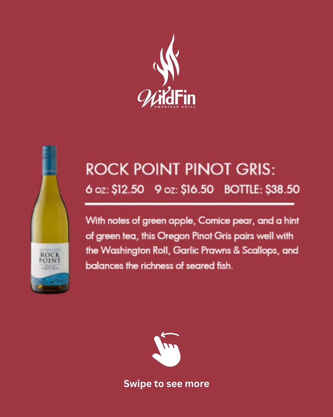 ⏳ Only a couple weeks left! 🍷 Time is running out to enjoy our Del Rio Vineyards wine feature at all Washington WildFin locations! Come try these standout varieties:
🍏 Rock Point Pinot Gris – Crisp and refreshing with notes of green apple, p