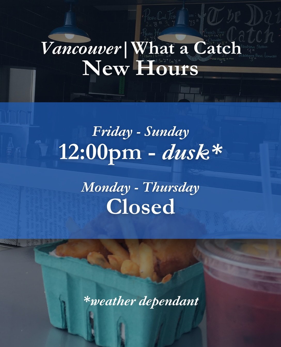 🎣Last call: Our Vancouver Waterfront What a Catch closes for the season soon!

Our last full day of service is Sunday, September 27th &mdash; come say goodbye with fresh fried fish &amp; chips, a blackberry basil lemonade, and those waterfront views