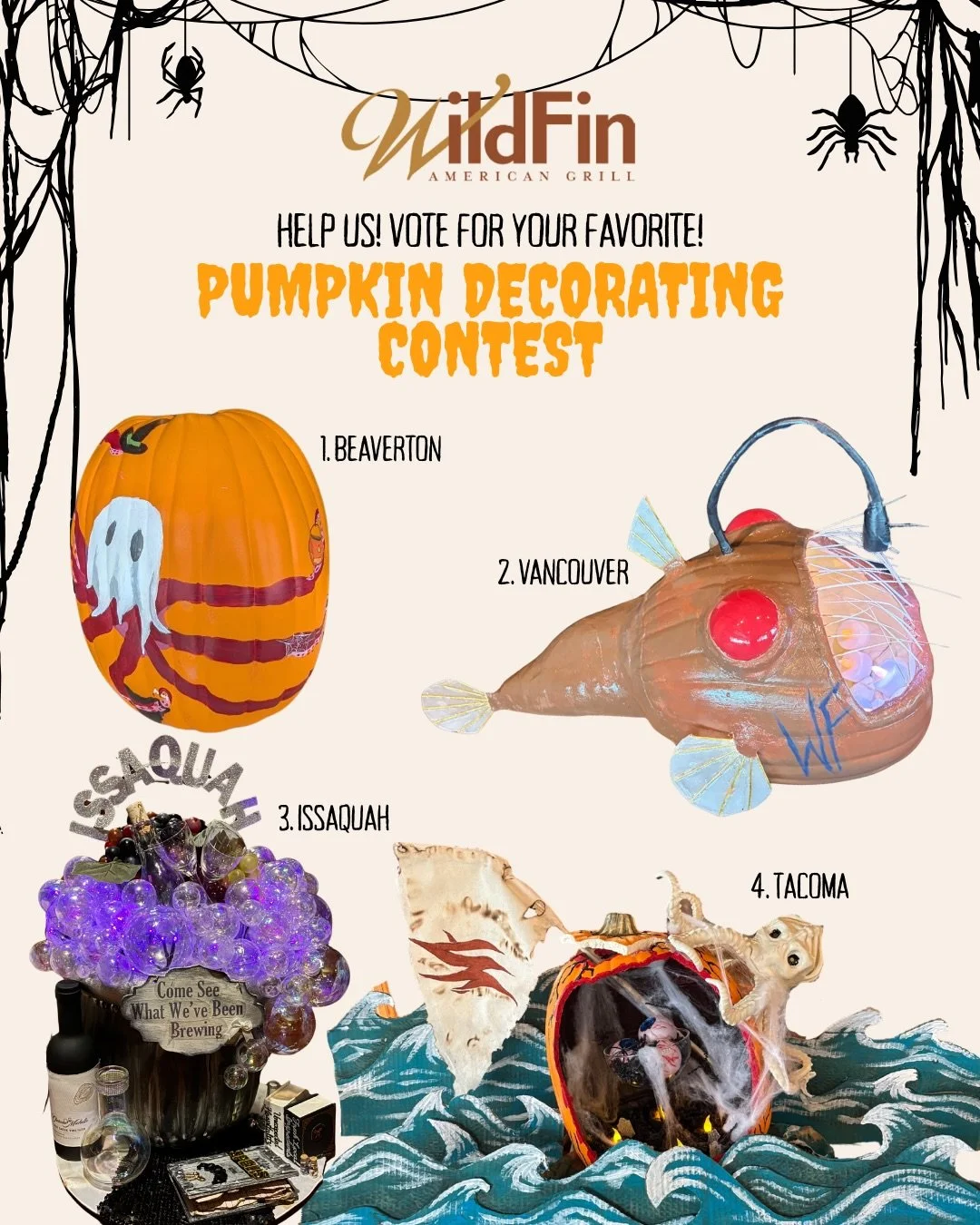 We need your help! 🎃

Our amazing teams at all four WildFin locations took our Pumpkin Decorating Contest to the next level, and now it&rsquo;s time to crown a winner. 🏆

VOTE: Drop the location name and/or number of your favorite pumpkin in the co