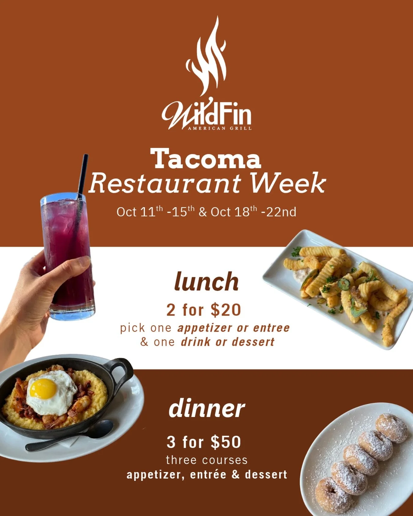 Tacoma Restaurant Week at WildFin American Grill in Tacoma 🌊 A waterfront view &amp; amazing deals! 🦞🐟

Join us for:
 ✨Lunch | 2 for $20 (one appetizer or entr&eacute;e + one drink or dessert)
 ✨Dinner | 3 for $50 (appetizer, entr&eacute;e &amp; d