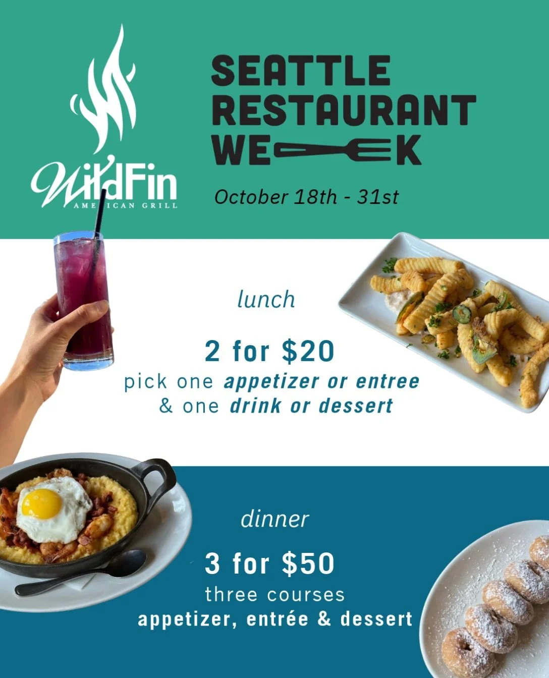 It&rsquo;s Seattle Restaurant Week at WildFin American Grill in Issaquah 🦞🐟

Fresh, local ingredients, a warm welcome &amp; deals worth celebrating!

Join us for:  ✨ Lunch | 2 for $20 (one appetizer or entr&eacute;e + one drink or dessert)  ✨ Dinne