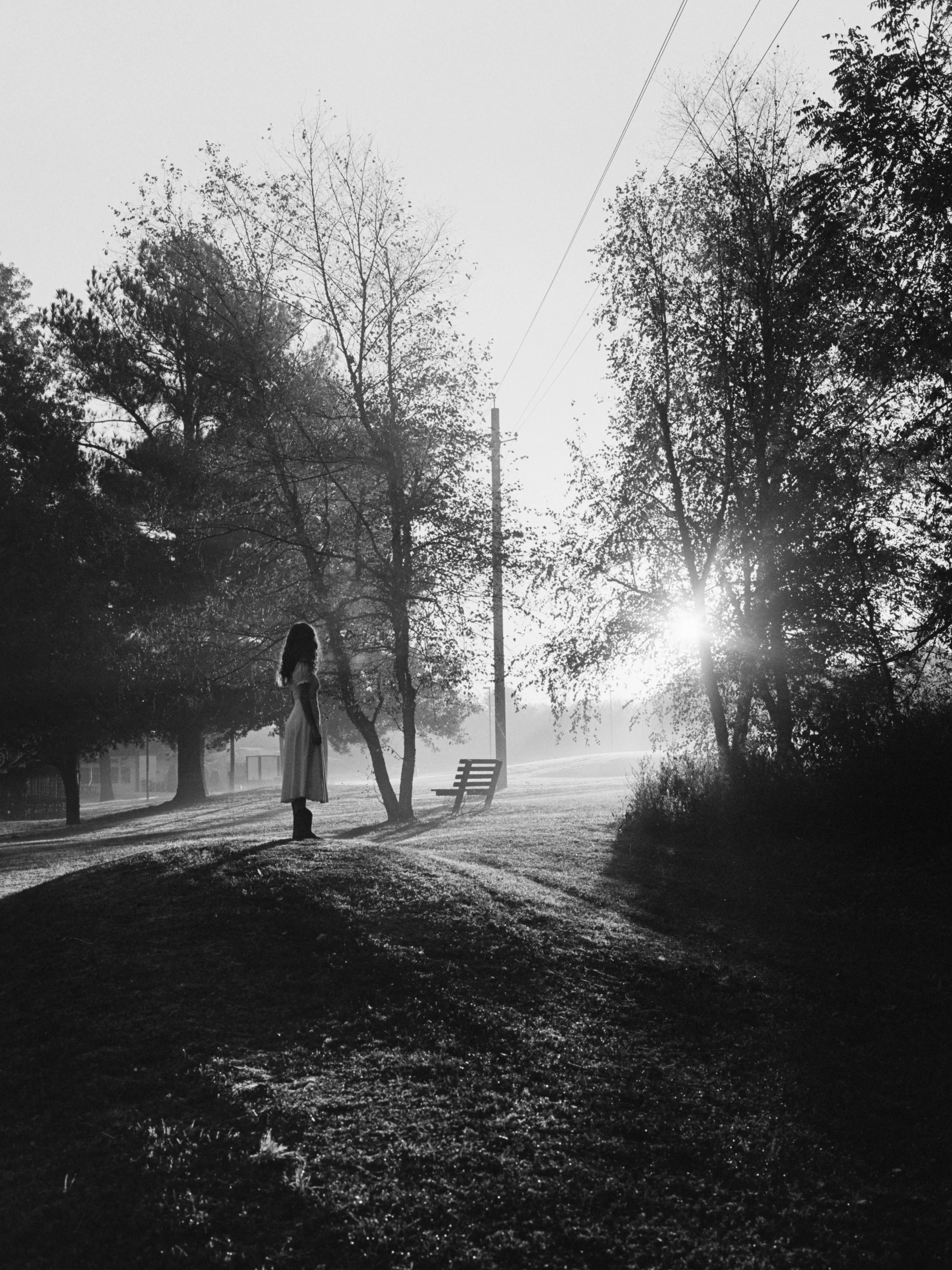 Black and white photo of a woman standing on a small hill in a park during sunrise or sunset, with trees, a bench, and power lines in the background.
