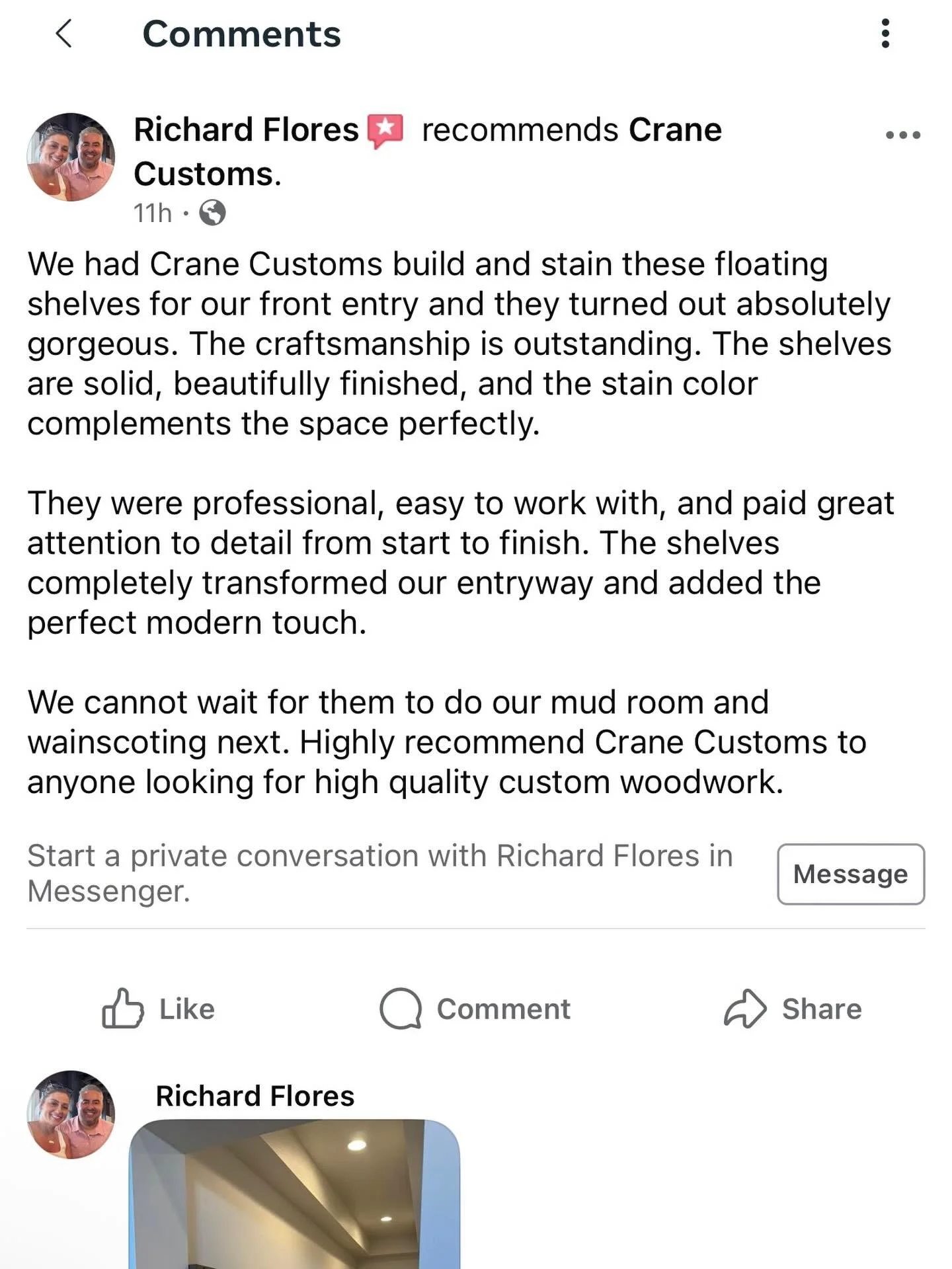 Sharing client feedback is such a privilege! We love sharing the experiences we provide day in and day out! No matter the size of project, we put our heart &amp; soul into them! 

#meridianidaho #cranecustoms #localcarpenter 
#finishcarpenter #custom
