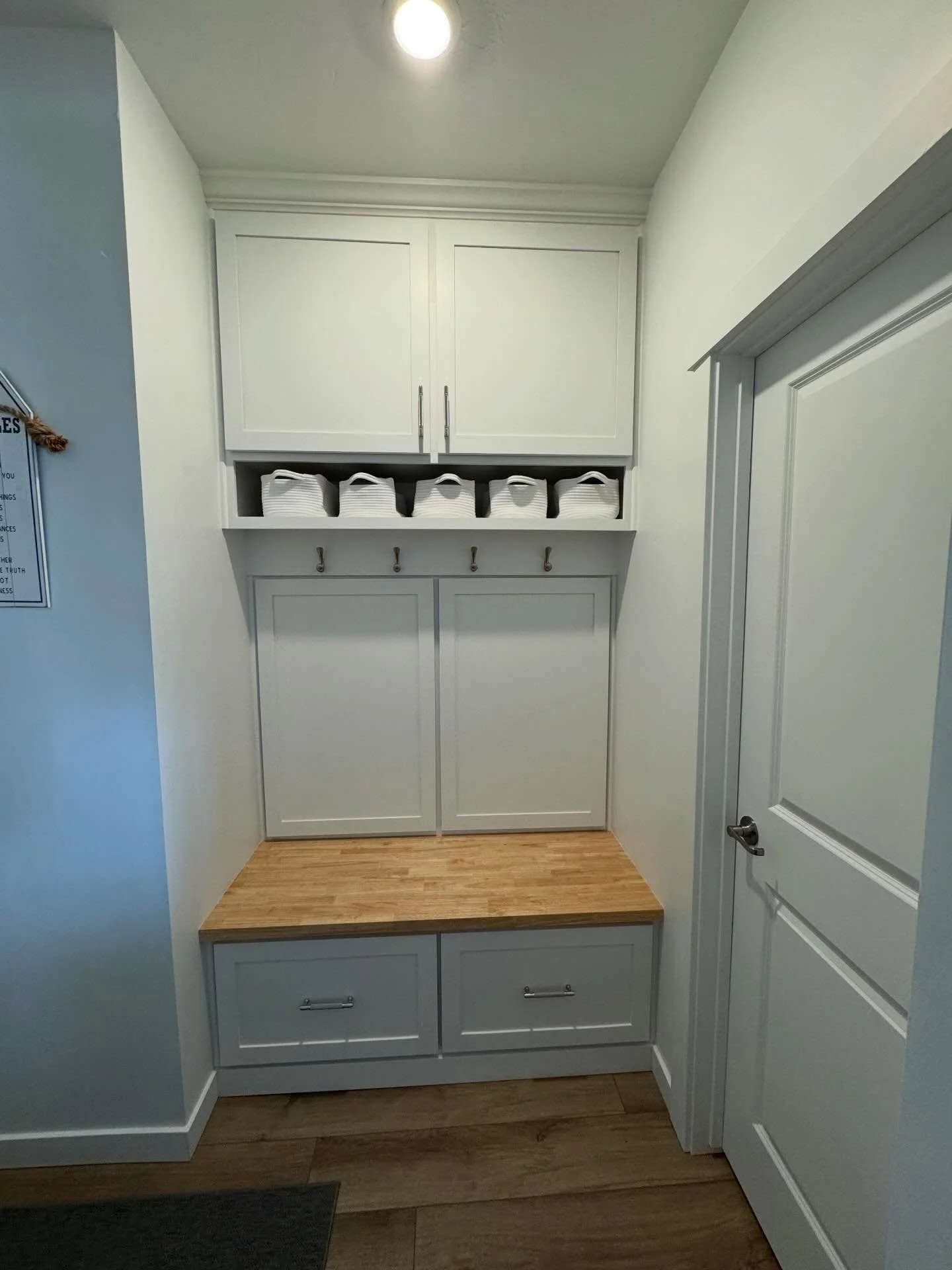 Mudrooms can be simply magical!! 
Packed into this 100% custom built mudroom, are oversized shaker style drawers, perfect for hiding all those shoes! Closed storage to the ceiling and even a hidden storage area! Think sunscreen, bandaids or even that