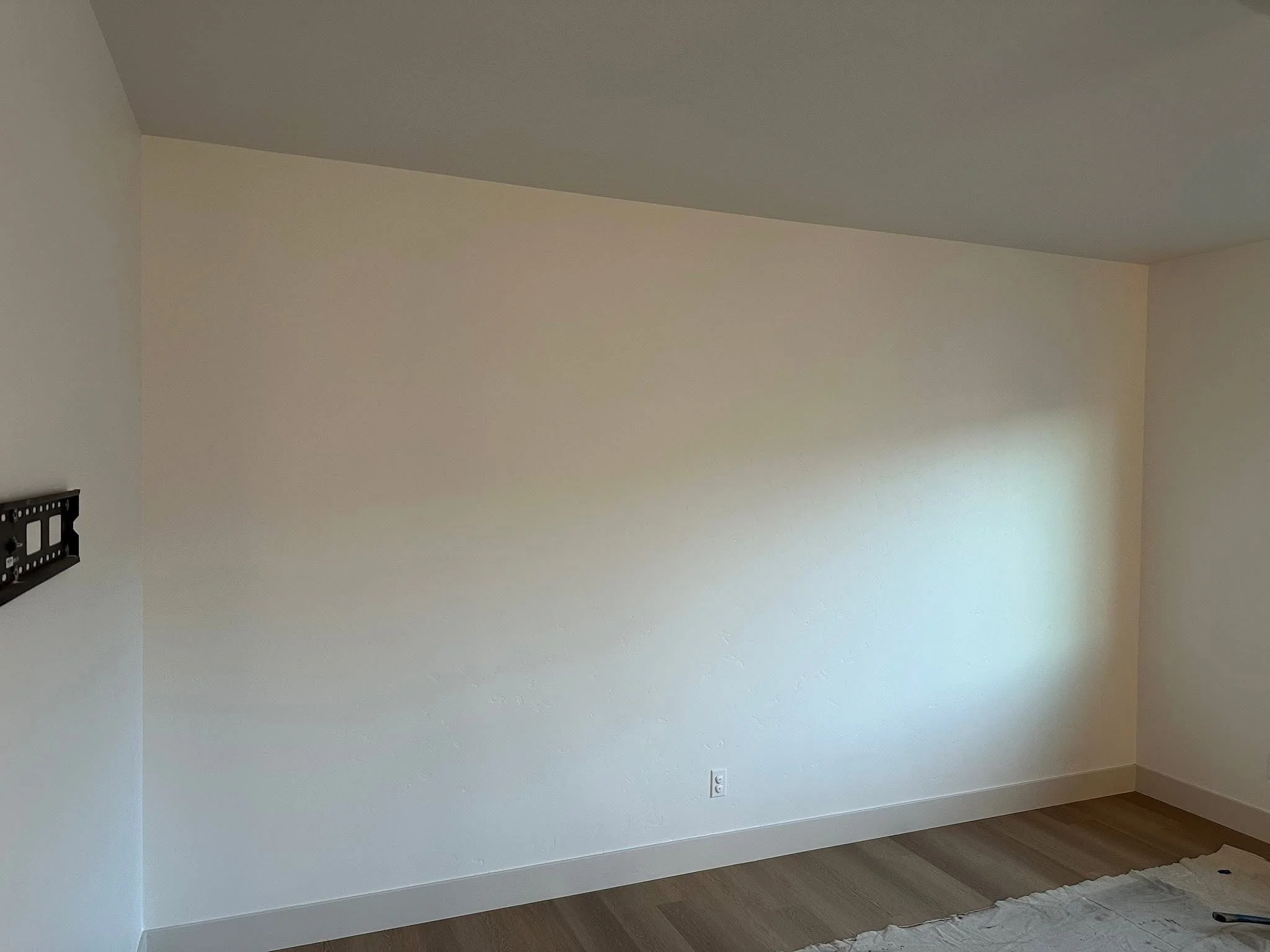 Before photo of a living room fireplace wall before custom built-in cabinetry and shiplap feature wall installation in Meridian, Idaho.