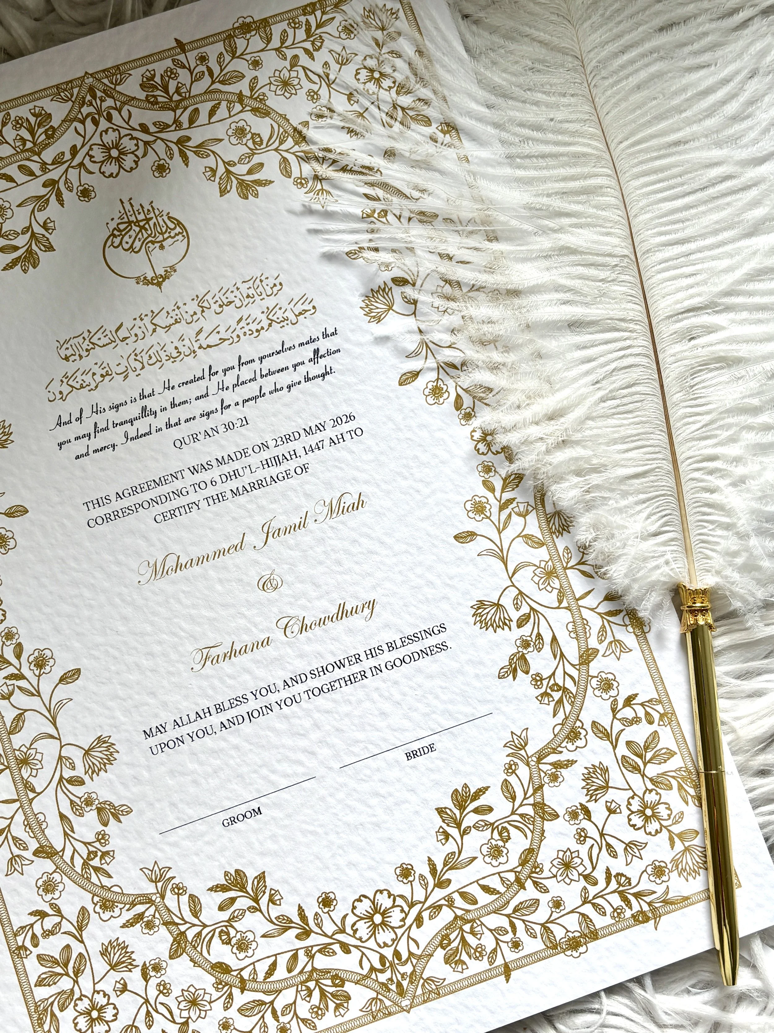 Personalised Luxury Nikkah Certificate - Gold Floral