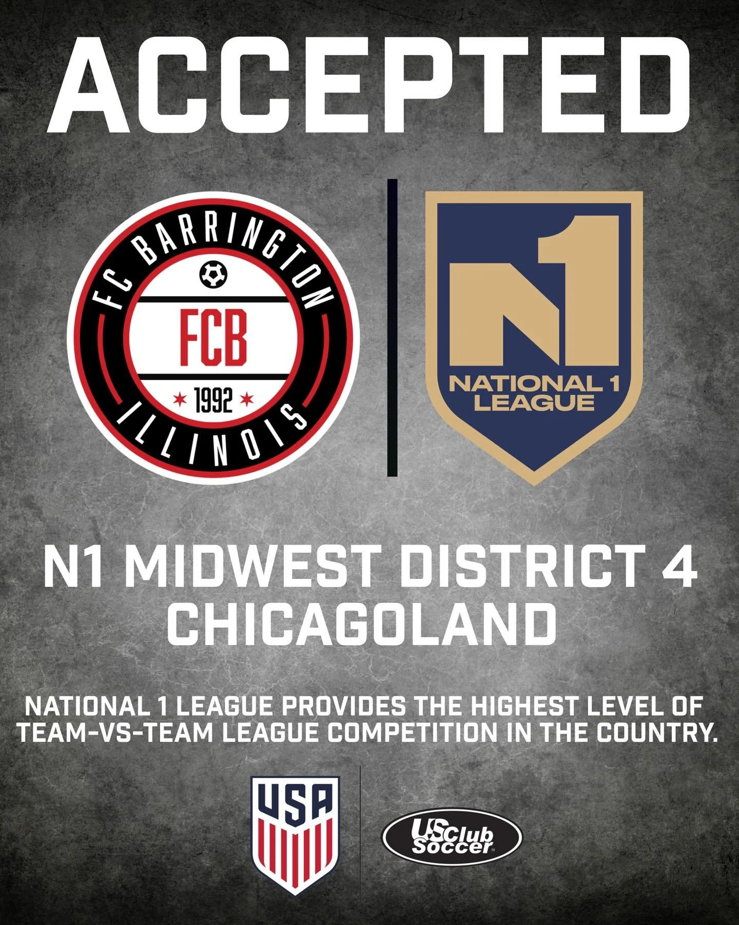 We are proud to announce that we&rsquo;ve has been accepted into the National 1 League (N1) - the top team-based competition platform formed through a historic partnership between US Youth Soccer and US Club Soccer.

Being accepted into N1 is a major