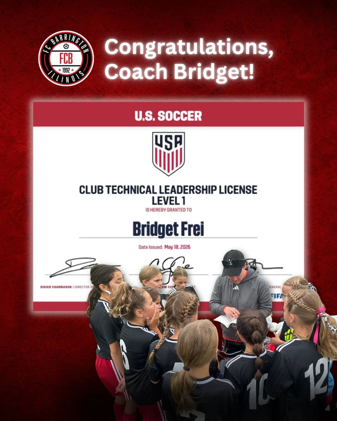Congratulations to Coach Bridget on earning her Club Technical Leadership License!!

Over the past 4 months, she&rsquo;s spent time working on club philosophy, parent engagement, coach assessment, &amp; player development projects to help further imp