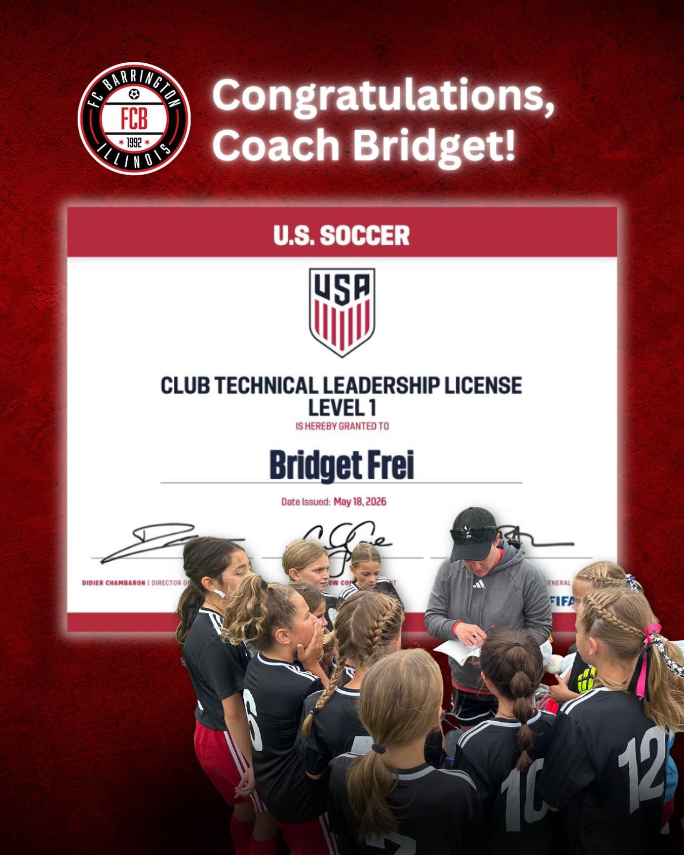 Congratulations to Coach Bridget on earning her Club Technical Leadership License!!

Over the past 4 months, she&rsquo;s spent time working on club philosophy, parent engagement, coach assessment, &amp; player development projects to help further imp