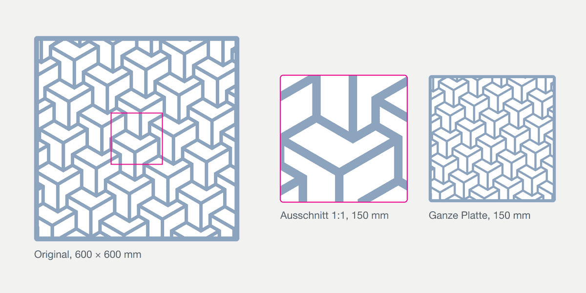 inks die ganze Platte, rechts der Ausschnitt in Originalgrösse und dieselbe Platte verkleinert