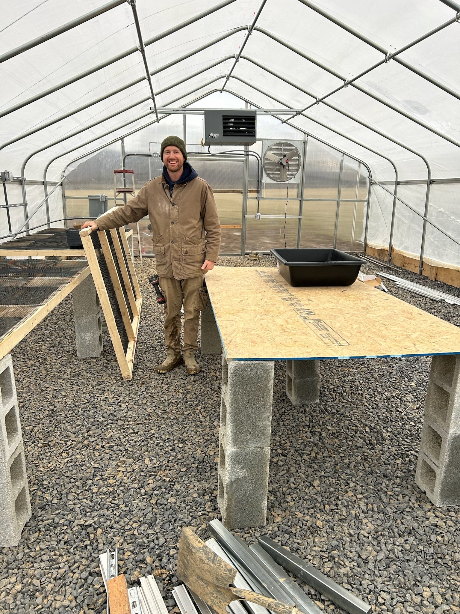 RoundCat Farm Farmer Trent in the greenhouse!